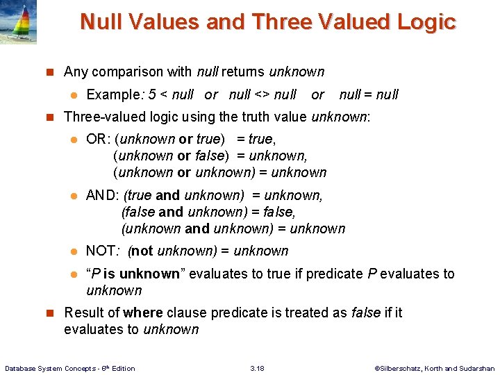 Null Values and Three Valued Logic n Any comparison with null returns unknown l Null Values and Three Valued Logic n Any comparison with null returns unknown l