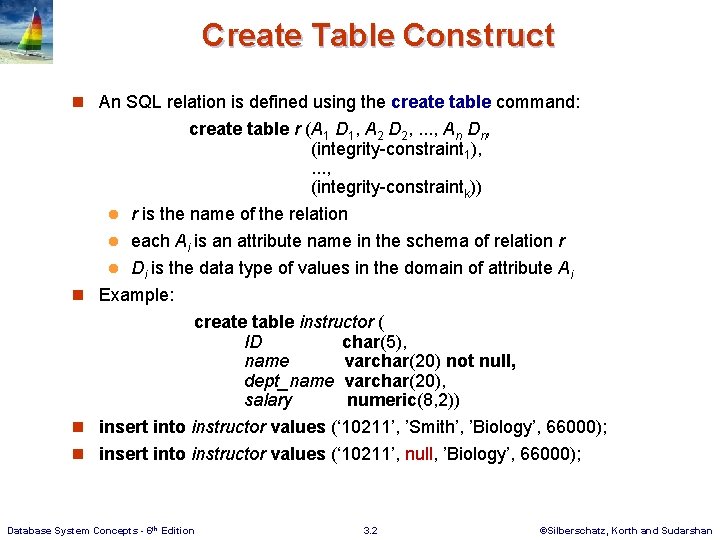 Create Table Construct n An SQL relation is defined using the create table command: Create Table Construct n An SQL relation is defined using the create table command: