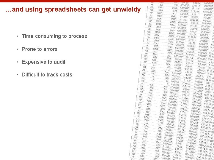 …and using spreadsheets can get unwieldy • Time consuming to process • Prone to