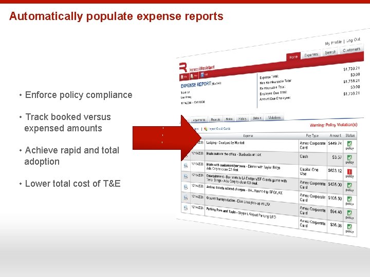 Automatically populate expense reports • Enforce policy compliance • Track booked versus expensed amounts