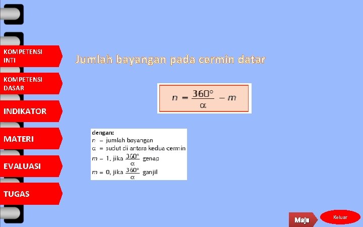 KOMPETENSI INTI Jumlah bayangan pada cermin datar KOMPETENSI DASAR INDIKATOR MATERI EVALUASI TUGAS Maju