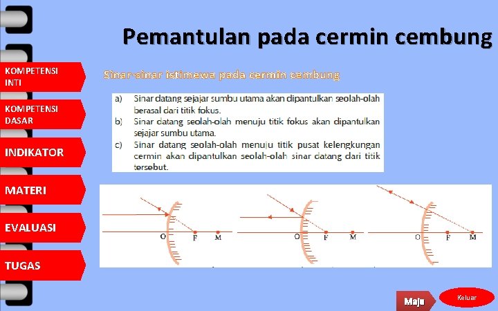 Pemantulan pada cermin cembung KOMPETENSI INTI Sinar-sinar istimewa pada cermin cembung KOMPETENSI DASAR INDIKATOR