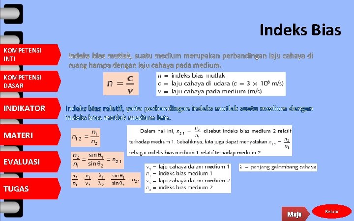 Indeks Bias KOMPETENSI INTI KOMPETENSI DASAR INDIKATOR Indeks bias relatif, yaitu perbandingan indeks mutlak