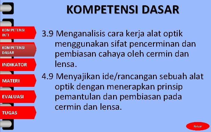 KOMPETENSI DASAR KOMPETENSI INTI KOMPETENSI DASAR INDIKATOR MATERI EVALUASI TUGAS 3. 9 Menganalisis cara