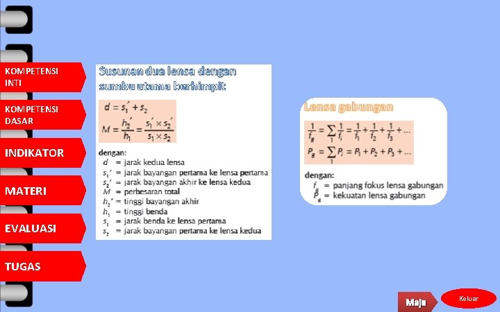 KOMPETENSI INTI KOMPETENSI DASAR INDIKATOR MATERI EVALUASI TUGAS Maju Keluar 