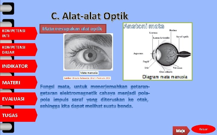 C. Alat-alat Optik KOMPETENSI INTI Mata merupakan alat optik KOMPETENSI DASAR INDIKATOR MATERI EVALUASI