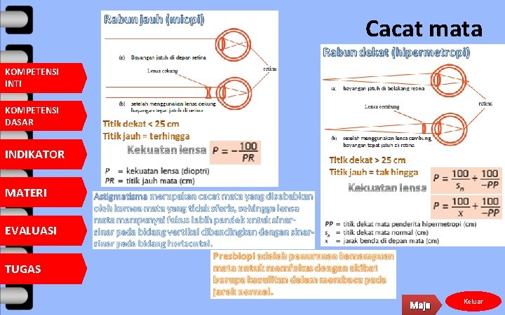 Cacat mata KOMPETENSI INTI KOMPETENSI DASAR INDIKATOR MATERI EVALUASI TUGAS Maju Keluar 