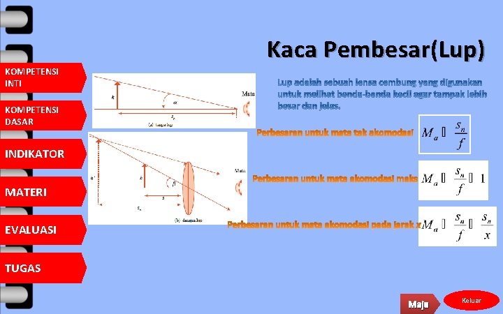 Kaca Pembesar(Lup) KOMPETENSI INTI KOMPETENSI DASAR INDIKATOR MATERI EVALUASI TUGAS Maju Keluar 