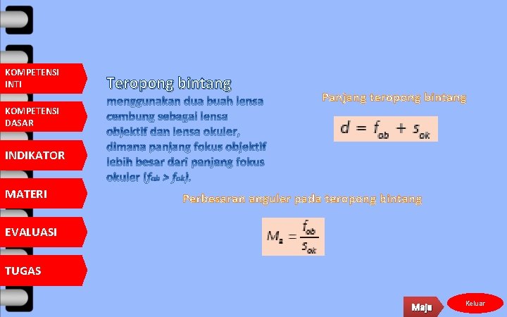 KOMPETENSI INTI Teropong bintang Panjang teropong bintang KOMPETENSI DASAR INDIKATOR MATERI Perbesaran anguler pada