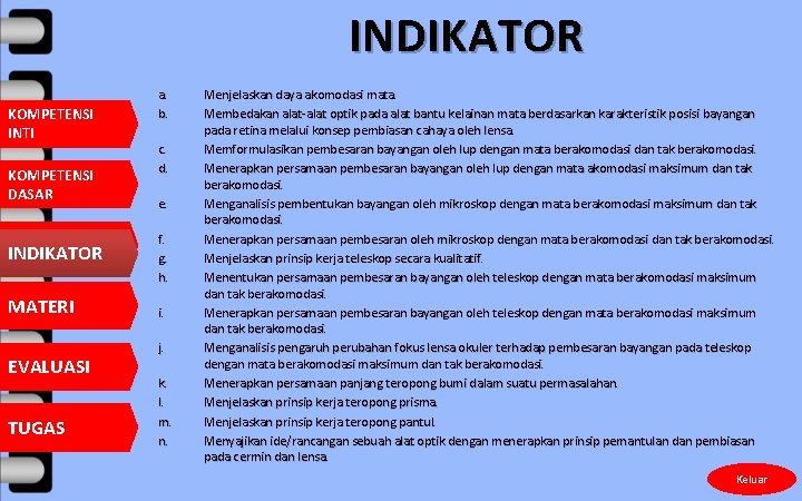 INDIKATOR KOMPETENSI INTI KOMPETENSI DASAR INDIKATOR MATERI EVALUASI TUGAS a. b. c. d. e.