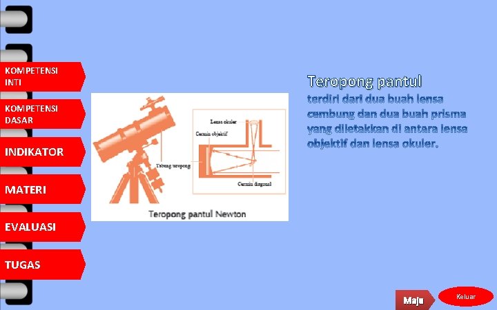KOMPETENSI INTI Teropong pantul KOMPETENSI DASAR INDIKATOR MATERI EVALUASI TUGAS Maju Keluar 