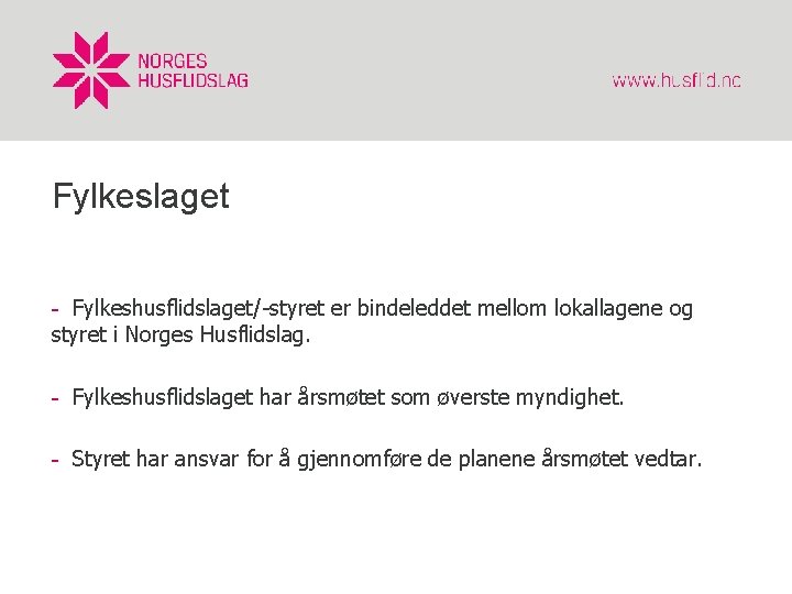 Fylkeslaget - Fylkeshusflidslaget/-styret er bindeleddet mellom lokallagene og styret i Norges Husflidslag. - Fylkeshusflidslaget