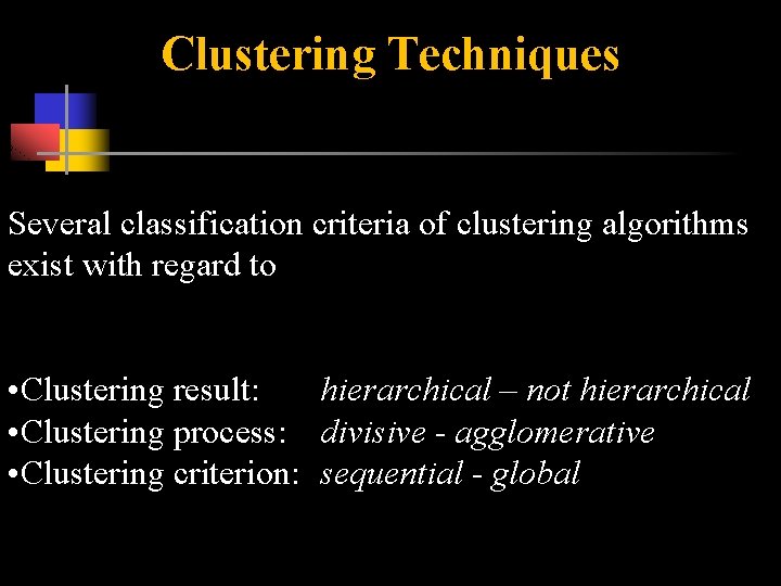 Clustering Techniques Several classification criteria of clustering algorithms exist with regard to • Clustering