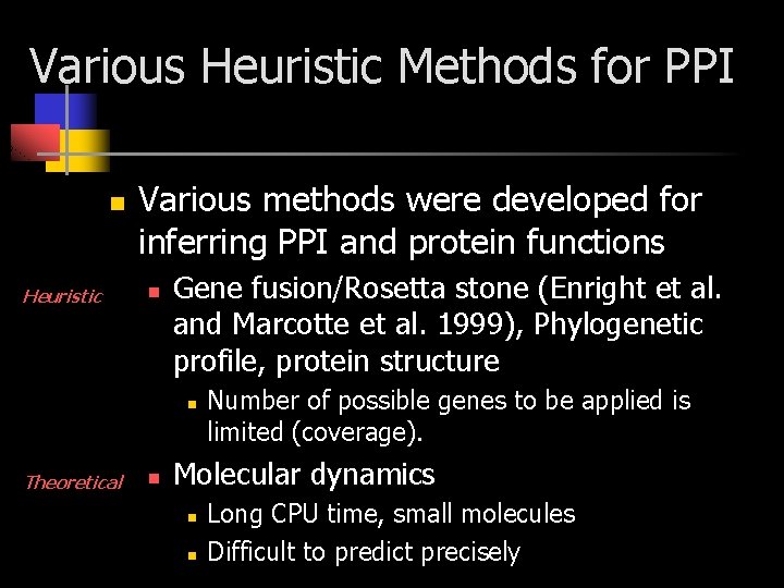 Various Heuristic Methods for PPI n Heuristic Various methods were developed for inferring PPI