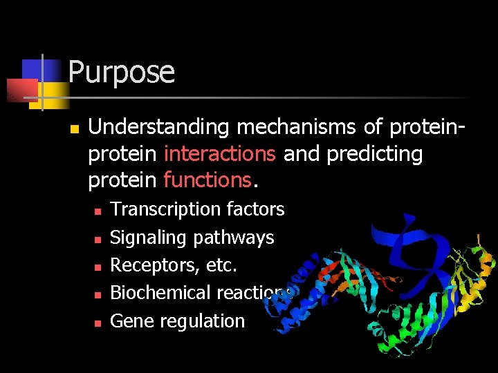 Purpose n Understanding mechanisms of protein interactions and predicting protein functions. n n n