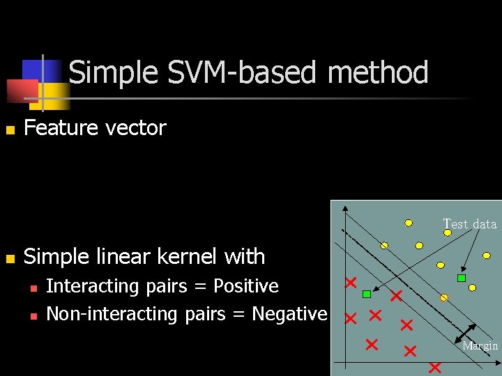 Simple SVM-based method n Feature vector Test data n Simple linear kernel with n