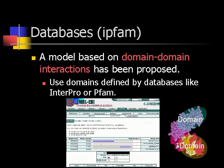 Databases (ipfam) n A model based on domain-domain interactions has been proposed. n Use