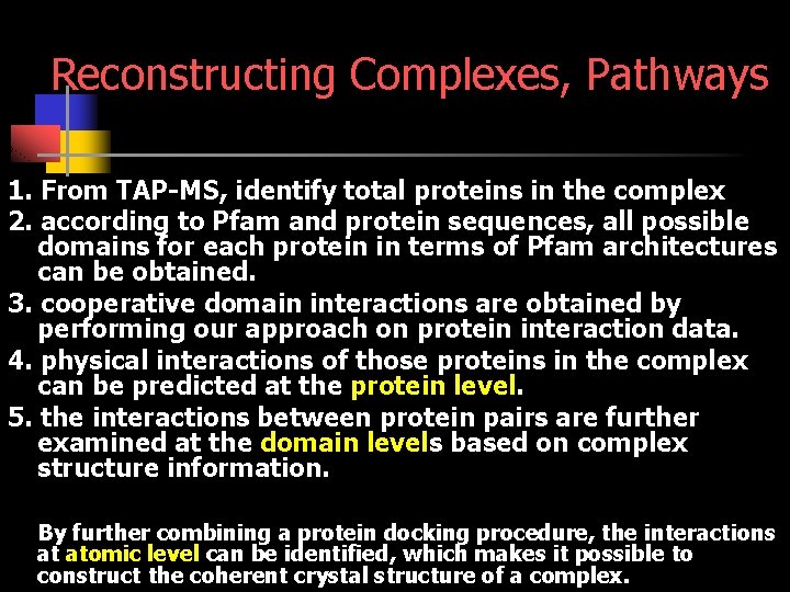 Reconstructing Complexes, Pathways 1. From TAP-MS, identify total proteins in the complex 2. according