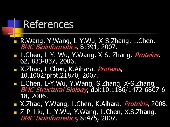References n n n R. Wang, Y. Wang, L-Y. Wu, X-S. Zhang, L. Chen.