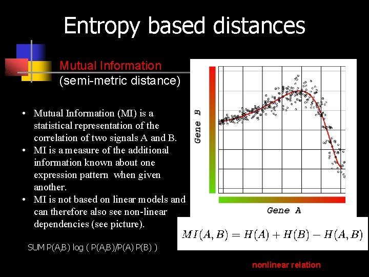 Entropy based distances Mutual Information (semi-metric distance) • Mutual Information (MI) is a statistical
