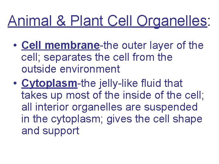 Animal & Plant Cell Organelles: • Cell membrane-the outer layer of the cell; separates