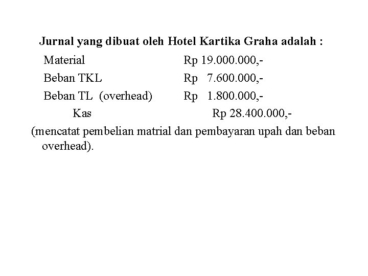 Jurnal yang dibuat oleh Hotel Kartika Graha adalah : Material Rp 19. 000, Beban