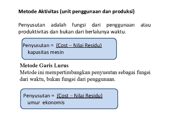 Metode Aktivitas (unit penggunaan dan produksi) Penyusutan adalah fungsi dari penggunaan atau produktivitas dan