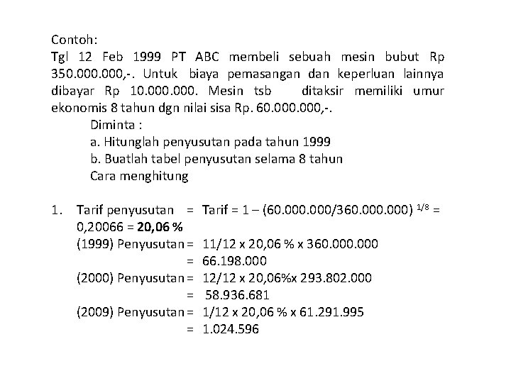 Contoh: Tgl 12 Feb 1999 PT ABC membeli sebuah mesin bubut Rp 350. 000,