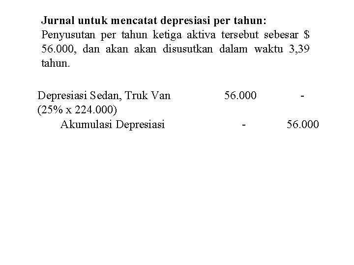 Jurnal untuk mencatat depresiasi per tahun: Penyusutan per tahun ketiga aktiva tersebut sebesar $