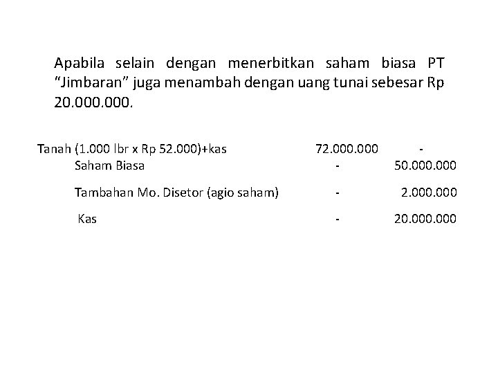 Apabila selain dengan menerbitkan saham biasa PT “Jimbaran” juga menambah dengan uang tunai sebesar