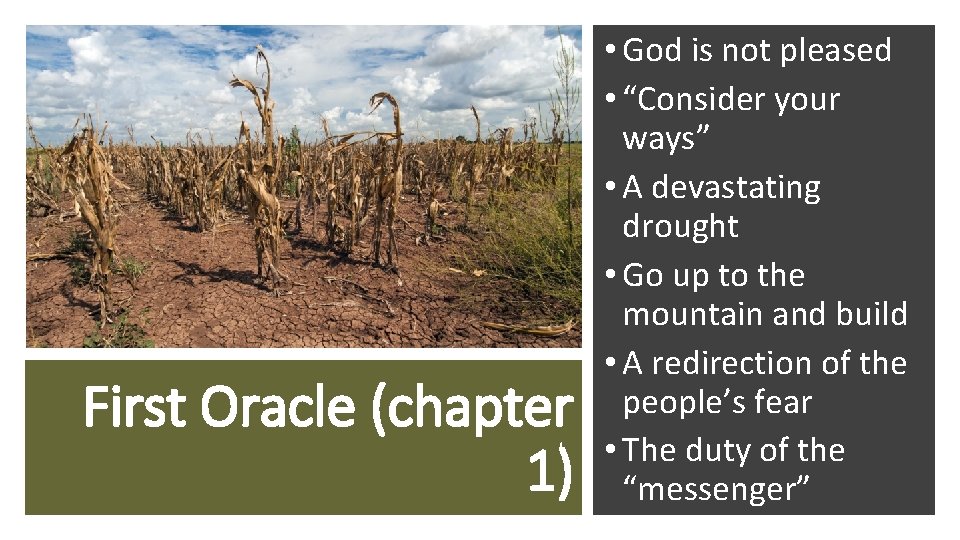 First Oracle (chapter 1) • God is not pleased • “Consider your ways” •