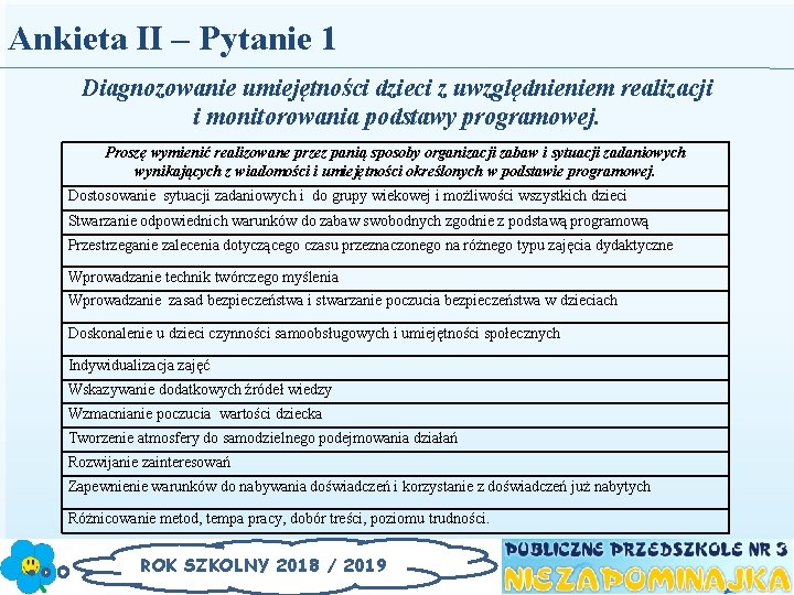 Ankieta II – Pytanie 1 Diagnozowanie umiejętności dzieci z uwzględnieniem realizacji i monitorowania podstawy