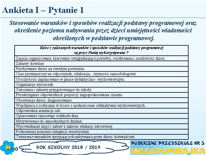 Ankieta I – Pytanie 1 Stosowanie warunków i sposobów realizacji podstawy programowej oraz określenie