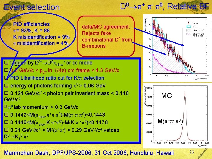 Event selection PID efficiencies = 93%, K = 86 K misidentification = 9% misidentification