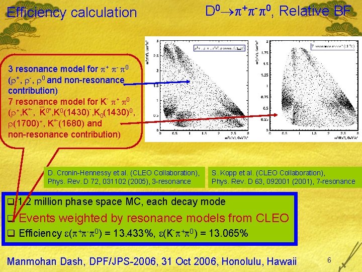 Efficiency calculation D 0 + - 0, Relative BF 3 resonance model for +