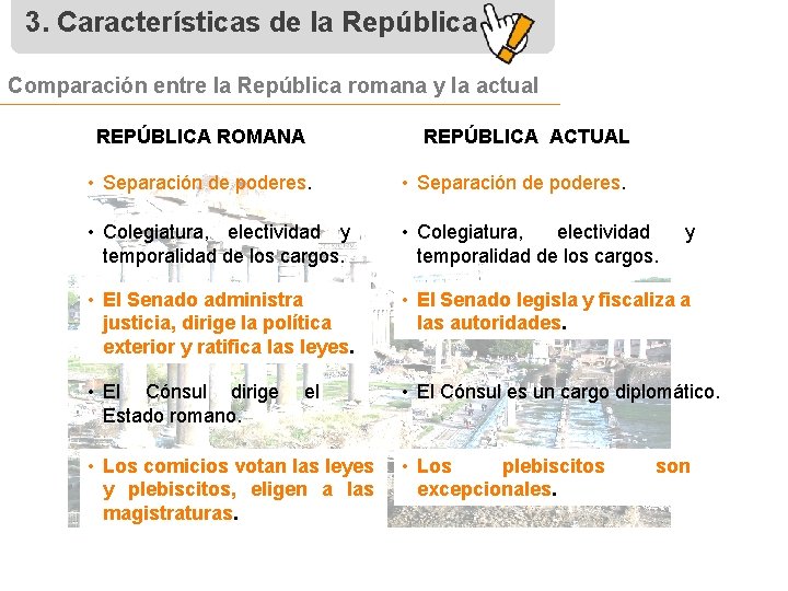 3. Características de la República Comparación entre la República romana y la actual REPÚBLICA