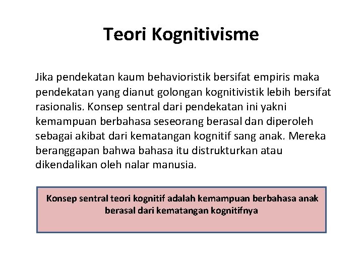 Teori Kognitivisme Jika pendekatan kaum behavioristik bersifat empiris maka pendekatan yang dianut golongan kognitivistik