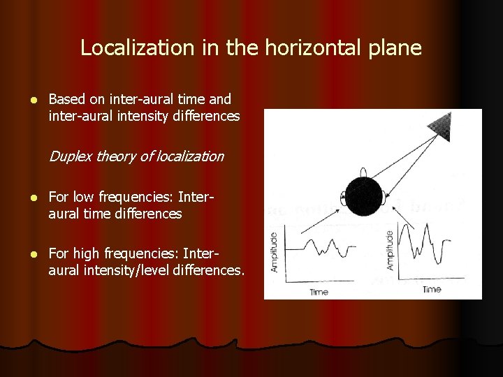 Localization in the horizontal plane l Based on inter-aural time and inter-aural intensity differences