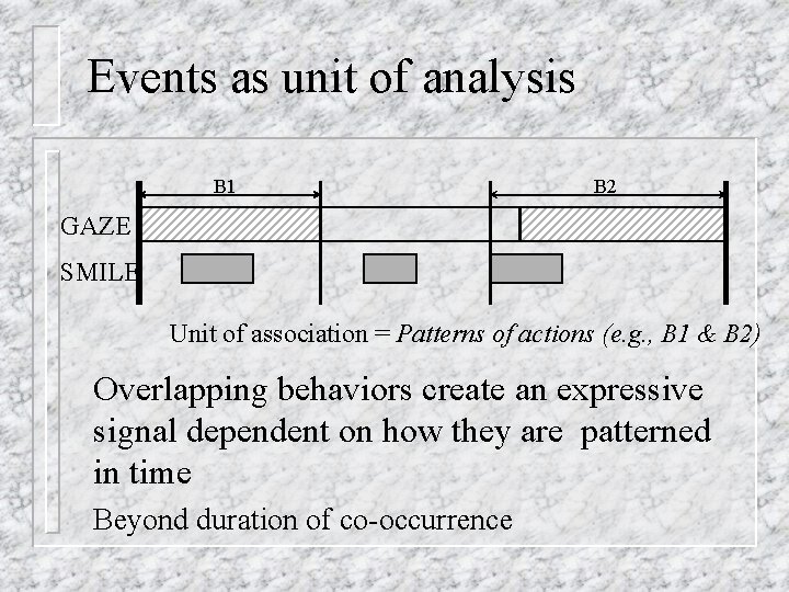 Events as unit of analysis B 1 B 2 GAZE SMILE Unit of association