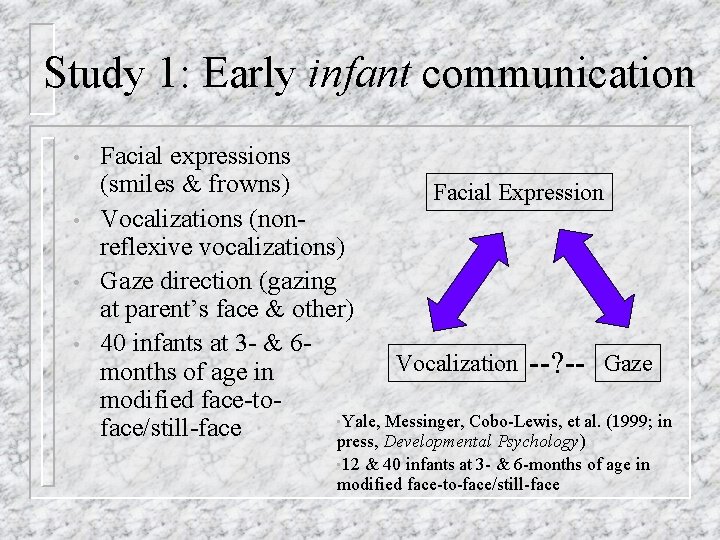 Study 1: Early infant communication • • Facial expressions (smiles & frowns) Facial Expression