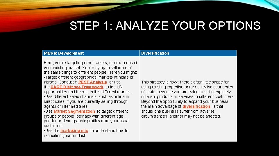 STEP 1: ANALYZE YOUR OPTIONS Market Development Diversification Here, you're targeting new markets, or