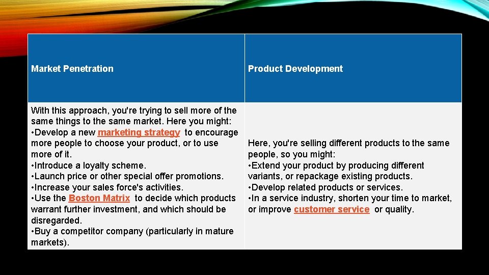 Market Penetration Product Development With this approach, you're trying to sell more of the