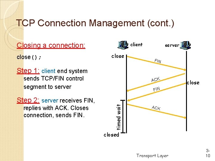 TCP Connection Management (cont. ) client Closing a connection: close(); close server FIN Step TCP Connection Management (cont. ) client Closing a connection: close(); close server FIN Step