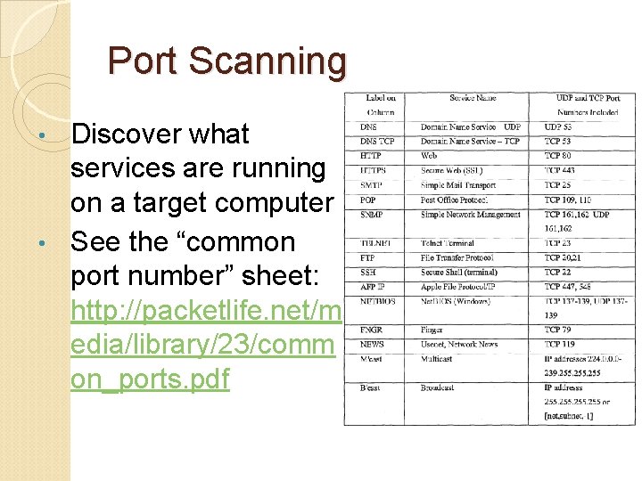 Port Scanning Discover what services are running on a target computer • See the