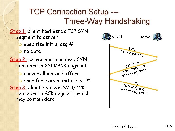 TCP Connection Setup --Three-Way Handshaking Step 1: client host sends TCP SYN segment to