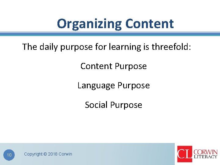 Organizing Content The daily purpose for learning is threefold: Content Purpose Language Purpose Social