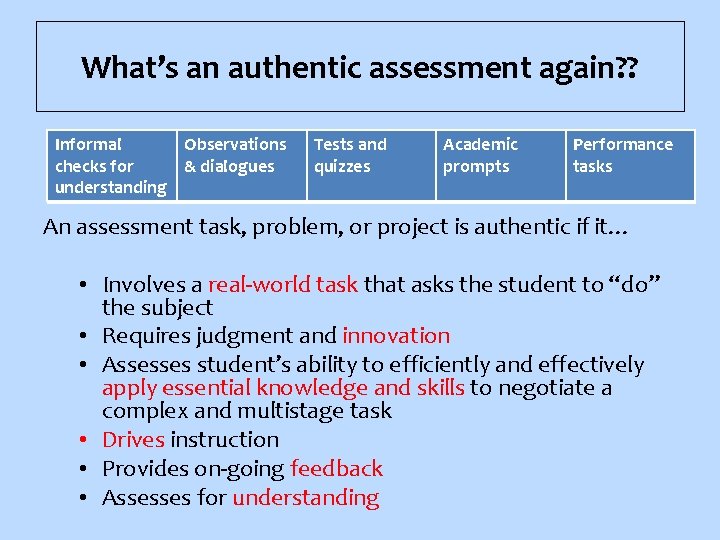 What’s an authentic assessment again? ? Informal Observations checks for & dialogues understanding Tests
