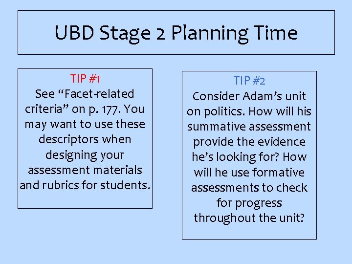 UBD Stage 2 Planning Time TIP #1 See “Facet-related criteria” on p. 177. You