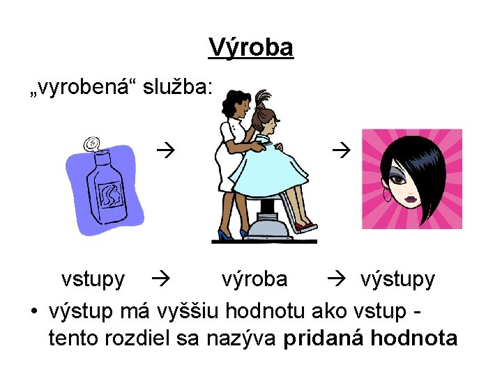 Výroba „vyrobená“ služba: vstupy výroba výstupy • výstup má vyššiu hodnotu ako vstup -