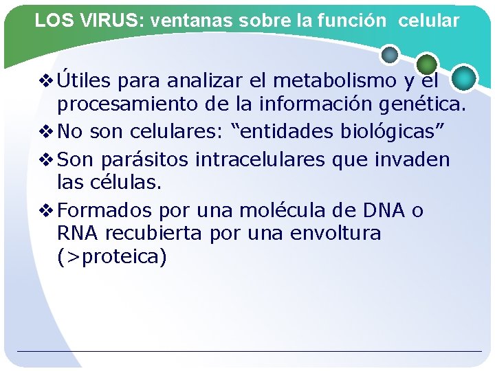 LOS VIRUS: ventanas sobre la función celular v Útiles para analizar el metabolismo y